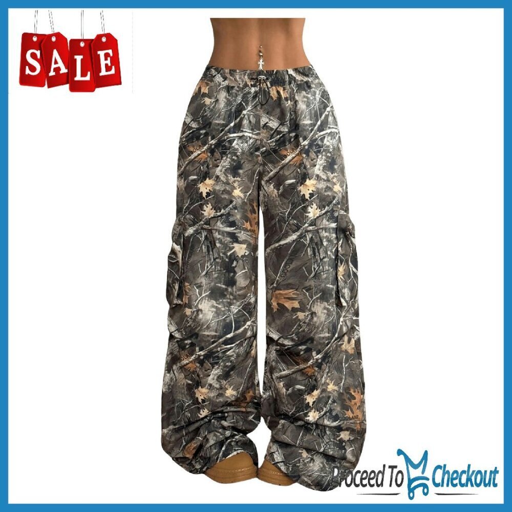 Women's Camo Cargo Baggy Pants Drawstring Wide Leg Flare Sweatpants